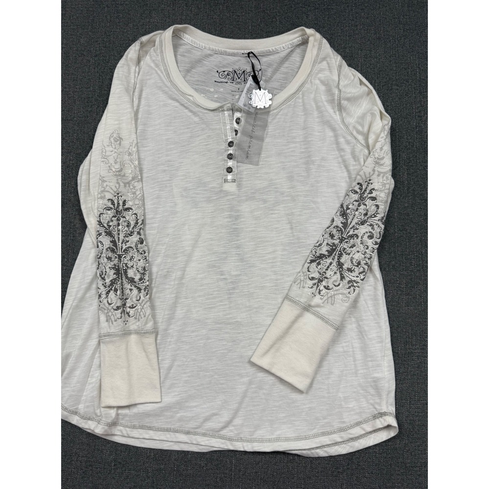 Maurices Premium Womens Cream Embellished Cross Henley Top Long Sleeve XL NWT